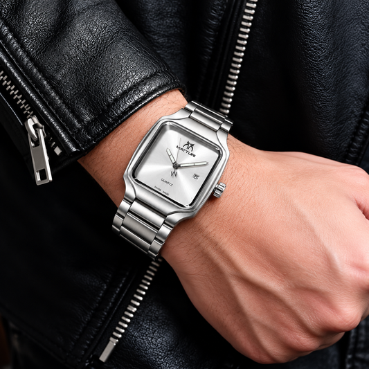 Matturi Men's Square Silver Stainless Steel Watch - Silver Dial
