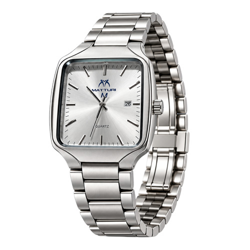 Matturi Men's Square Silver Stainless Steel Watch - Silver Sunburst Dial