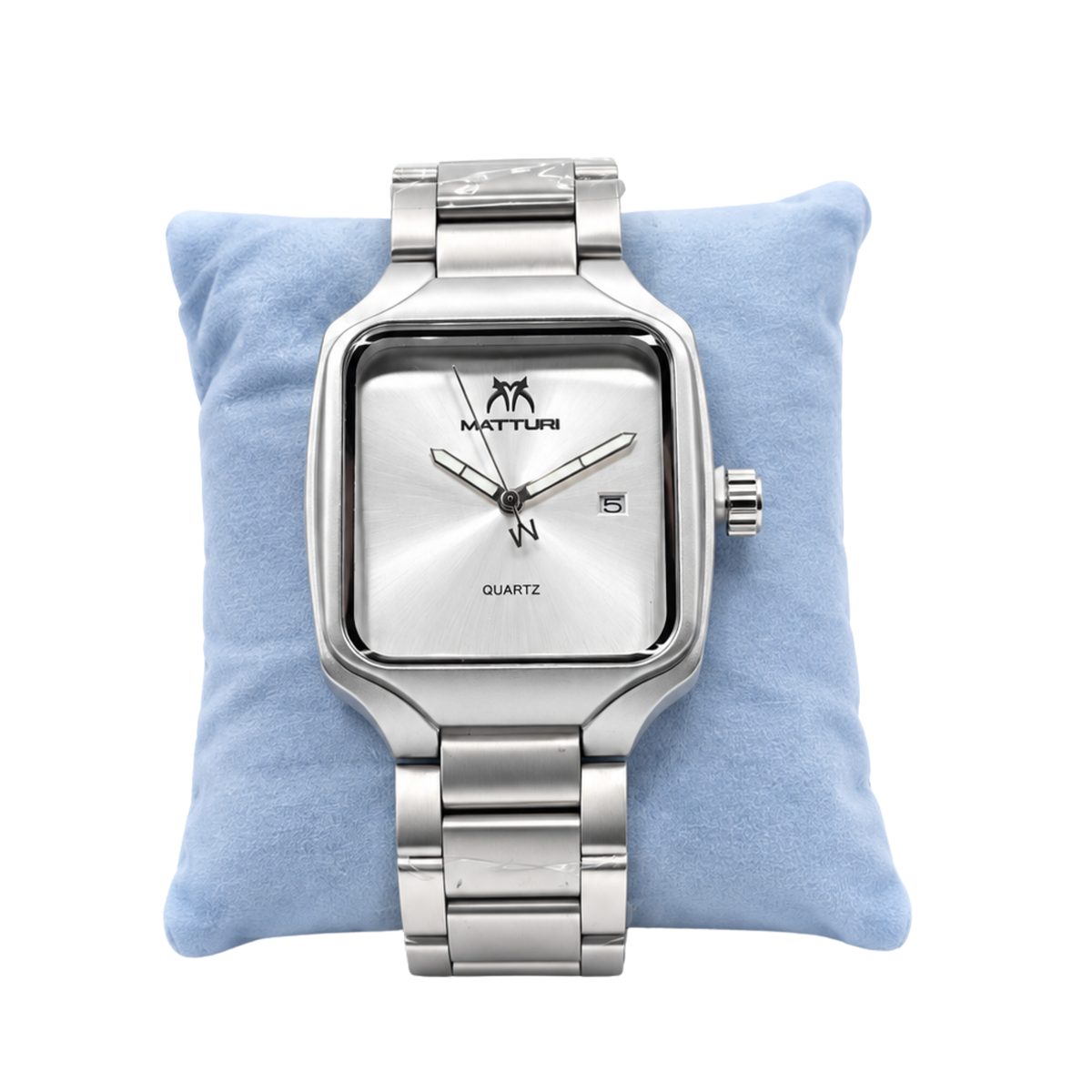 Matturi Men's Square Silver Stainless Steel Watch - Silver Dial