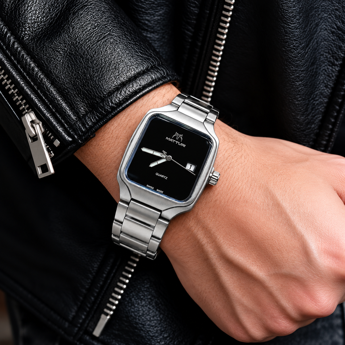 Matturi Men's Square Silver Stainless Steel Watch – Black Dial