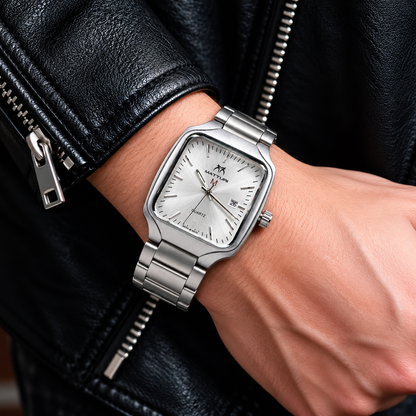 Matturi Men's Square Silver Stainless Steel Watch - Silver Sunburst Dial