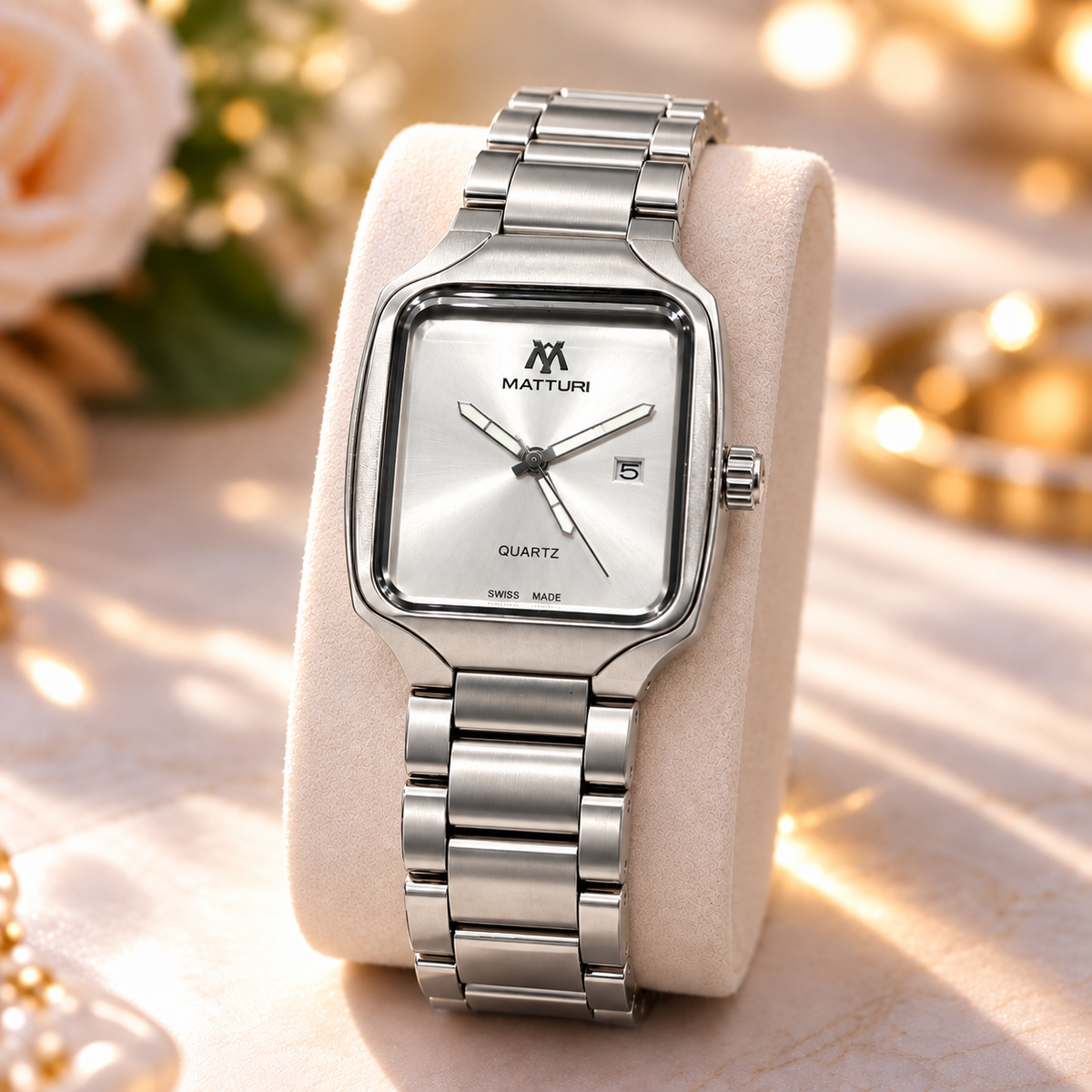 Matturi Men's Square Silver Stainless Steel Watch - Silver Dial