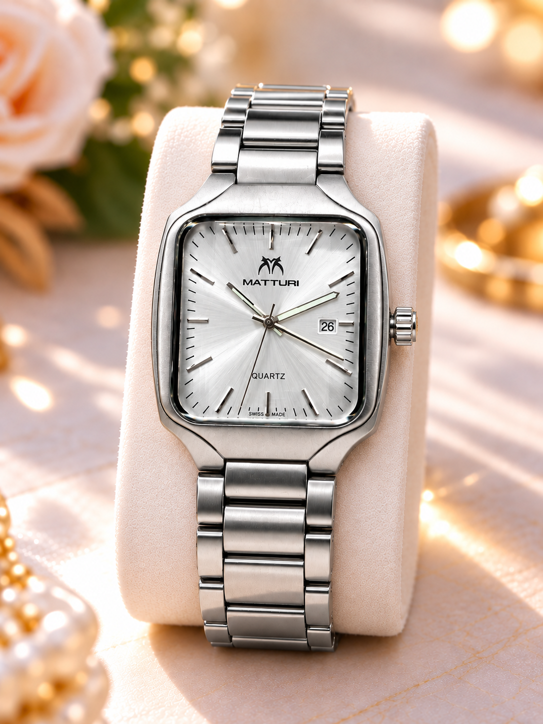 Matturi Men's Square Silver Stainless Steel Watch - Silver Sunburst Dial