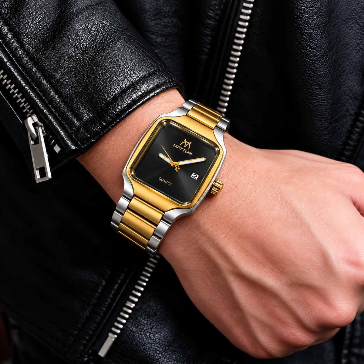 Matturi Men's Square Two-Tone Stainless Steel Watch – Gold & Silver, Black Dial