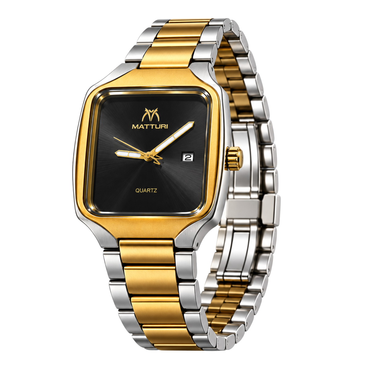 Matturi Men's Square Two-Tone Stainless Steel Watch – Gold & Silver, Black Dial