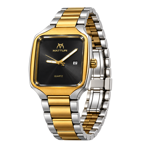 Matturi Men's Square Two-Tone Stainless Steel Watch – Gold & Silver, Black Dial