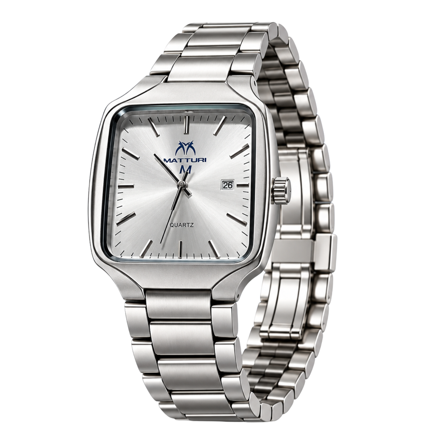 Matturi Men's Square Silver Stainless Steel Watch - Silver Sunburst Dial
