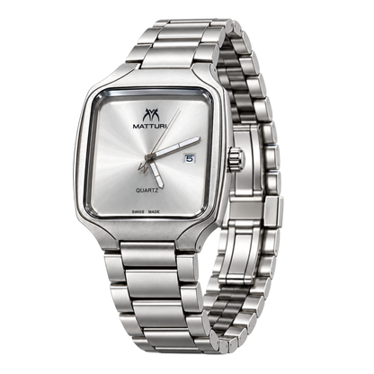 Matturi Men's Square Silver Stainless Steel Watch - Silver Dial