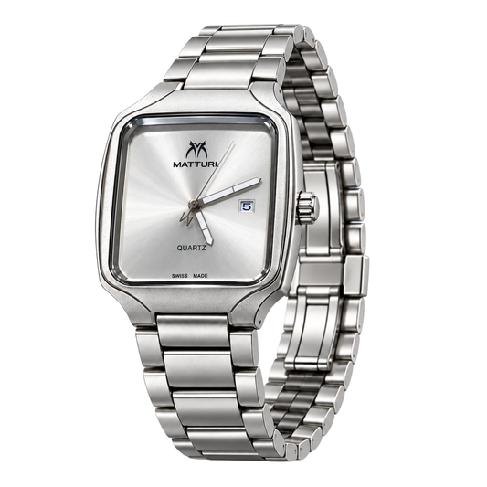 Matturi Men's Square Silver Stainless Steel Watch - Silver Dial