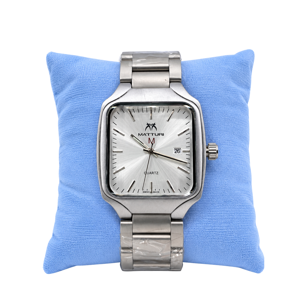 Matturi Men's Square Silver Stainless Steel Watch - Silver Sunburst Dial