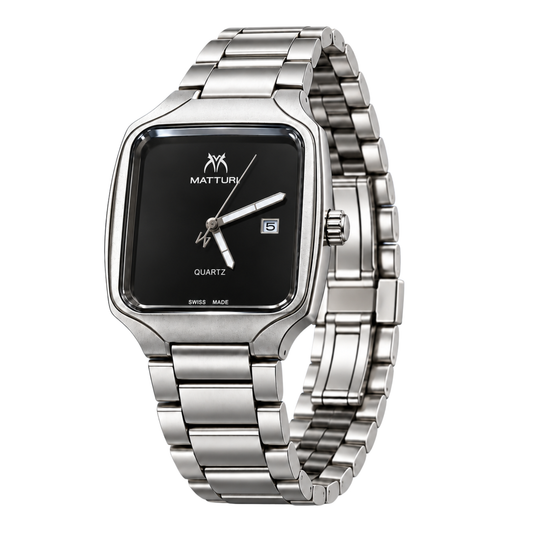 Matturi Men's Square Silver Stainless Steel Watch – Black Dial
