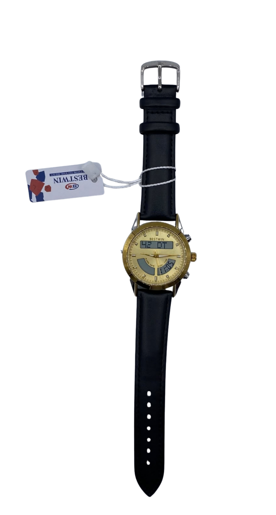 BESTWIN Luxury Gold Digital Analog Watch for Men – Black Leather Strap