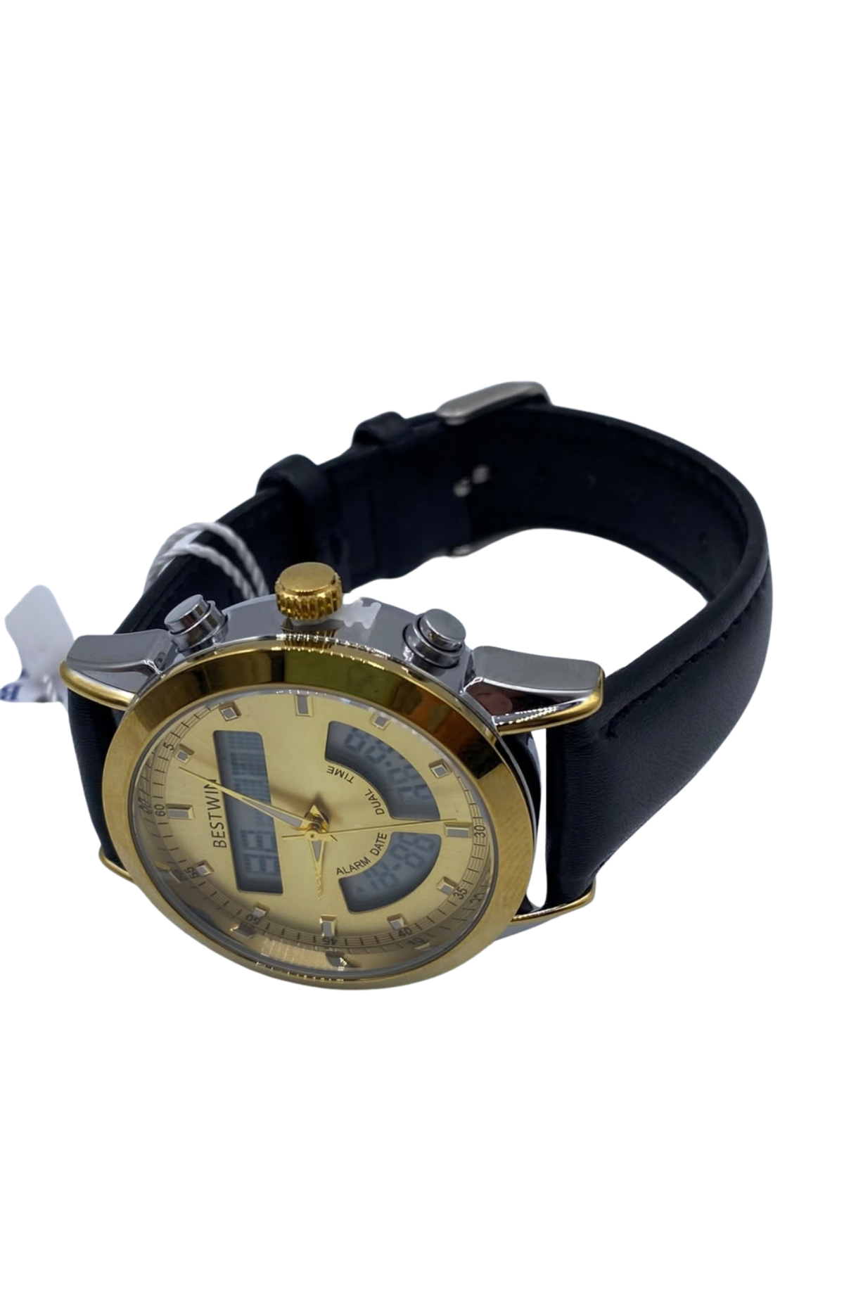 BESTWIN Luxury Gold Digital Analog Watch for Men – Black Leather Strap