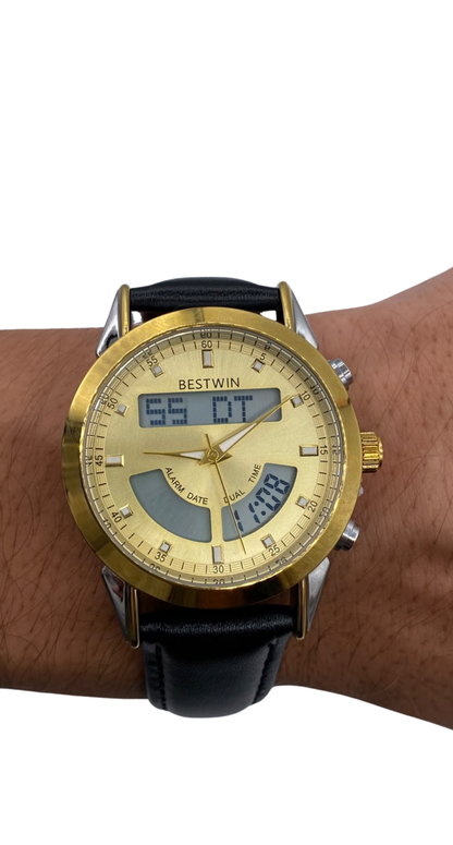 BESTWIN Luxury Gold Digital Analog Watch for Men – Black Leather Strap