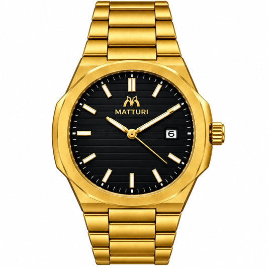 Luxury Gold Stainless Steel Men’s Watch – Black Dial Elegant Fashion Wristwatch