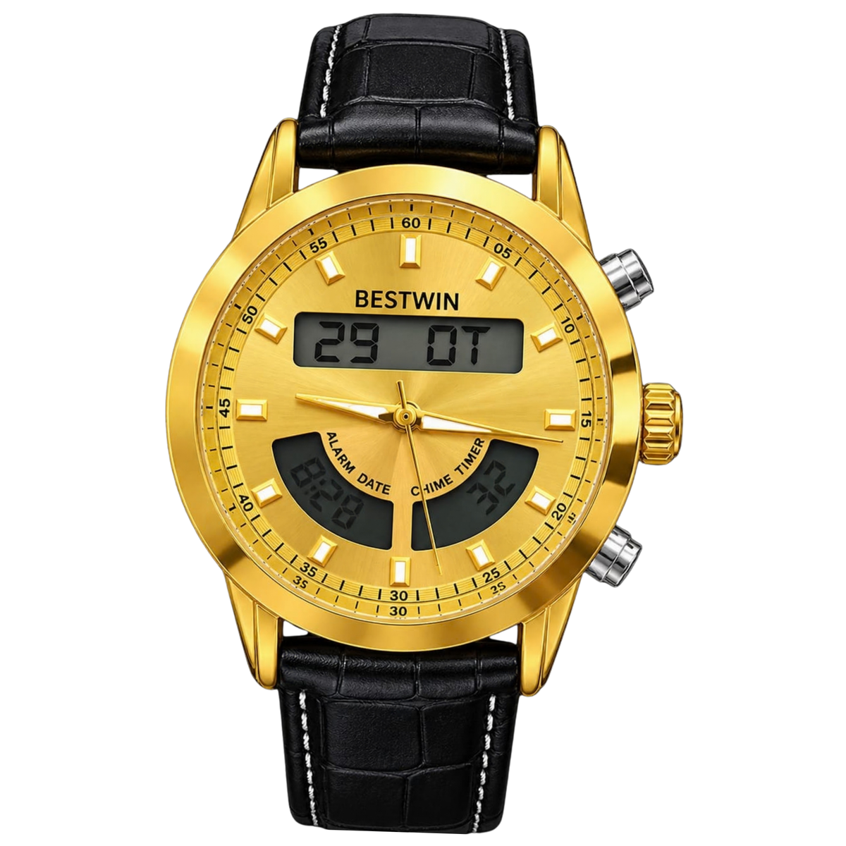 BESTWIN Luxury Gold Digital Analog Watch for Men – Black Leather Strap
